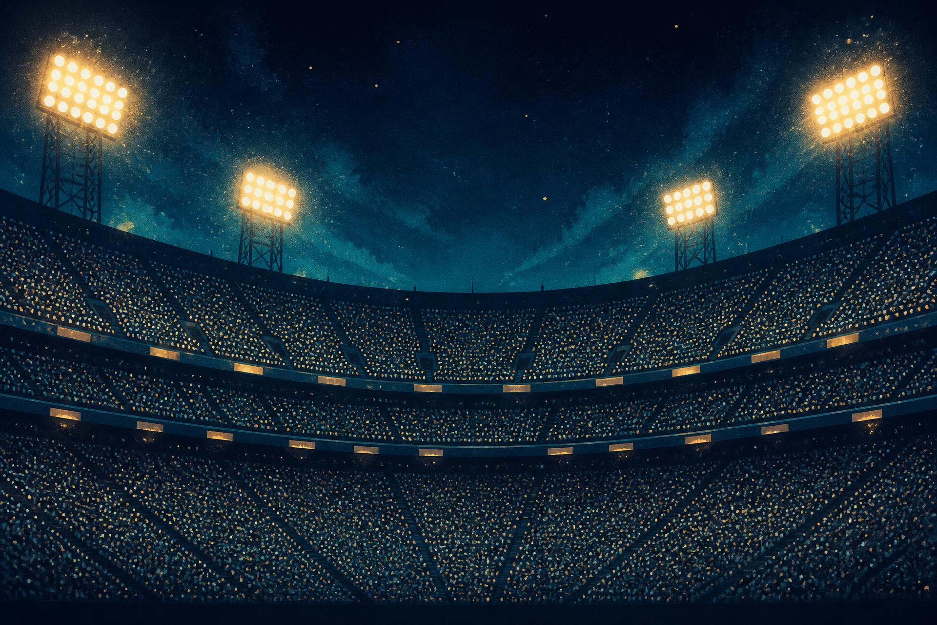 Illustrated night stadium: tiers of crowd rendered as thousands of tiny glowing dots under floodlight towers